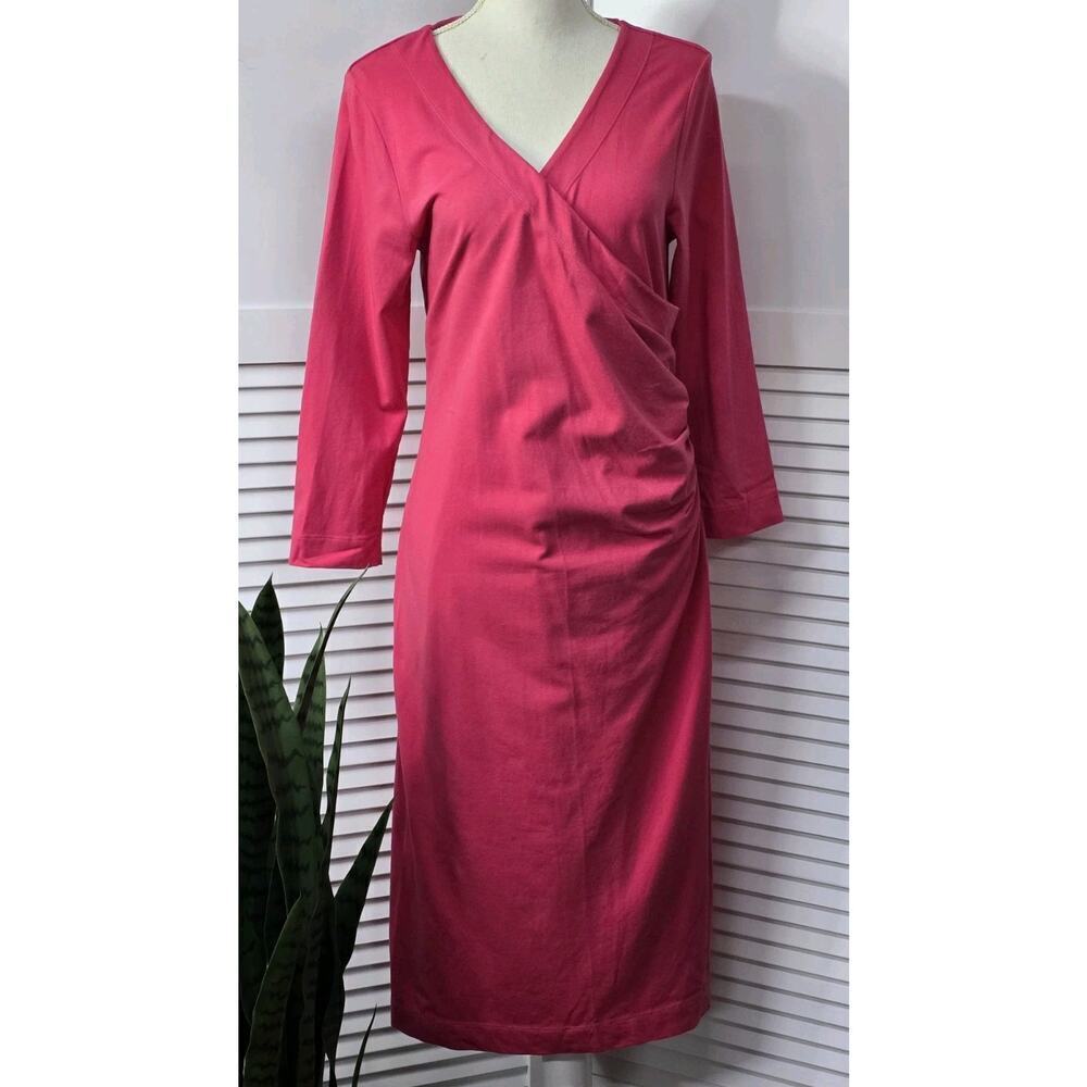 Soft Surrounding Rose Knit 3/4 Slv Faux Wrap Ruched Dressy Casual Dress ST - Picture 1 of 10